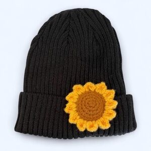 Black knit Beanie with Sunflower / Winter Hat